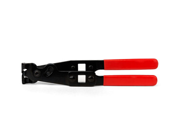 Red pliers for steel belt clamps isolated on white background.