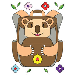 teddy bear with flowers Cute Sloth school bag backpacks with flowers ornament coloring vector illustration