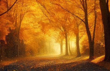 Golden trees along an autumn park alley, misty day, falling leaves. Generative AI illustration