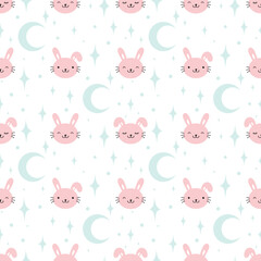 Seamless pattern of cute bunnies and month with stars on white background. Baby boy nursery seamless pattern with white bunnies and cute rabbits and stars