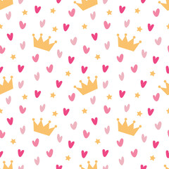 Seamless pattern with doodle gold crowns, hearts and stars. Vector baby girl wallpaper, Little princess design.  Can be used to design children's clothing, birthday invitation.