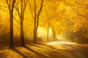 Sunlit alley in autumn park, golden leaves and yellow mist. Generative AI illustration