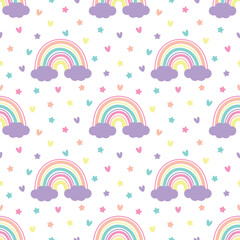 Fototapeta premium Baby seamless pattern with rainbow. Cute rainbows with clouds and hearts on white background seamless patter. Baby scandinavian vector hand drawn illustration ideal for textiles and newborn clothes