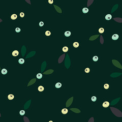 Green herbs seamless pattern. Leaves, wildflowers and berries. Vector illustration with different plants and branches on dark green background.