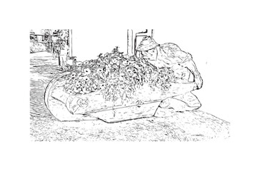 Building view with landmark of Urtijei is the 
town in Italy. Hand drawn sketch illustration in vector.