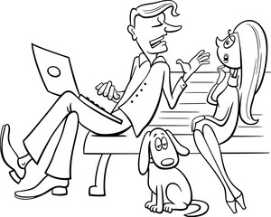 cartoon people talking in the park and bored dog coloring page