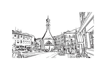 Building view with landmark of Urtijei is the 
town in Italy. Hand drawn sketch illustration in vector.