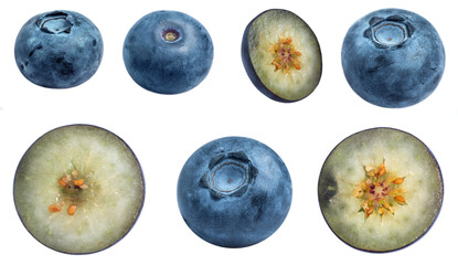Set of Blueberries fruit and blueberry cut in half slice isolated on white background.