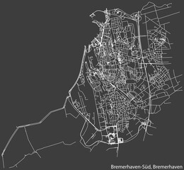 Detailed negative navigation white lines urban street roads map of the BREMERHAVEN-SÜD MUNICIPALITY of the German regional capital city of Bremerhaven, Germany on dark gray background