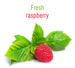 Raspberry with leaves. Raspberry isolated on white background.