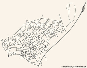 Detailed navigation black lines urban street roads map of the LEHERHEIDE DISTRICT of the German regional capital city of Bremerhaven, Germany on vintage beige background