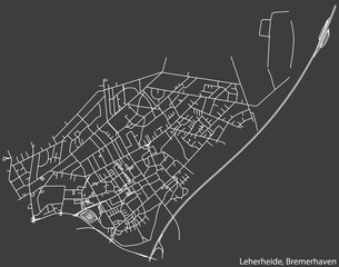 Detailed negative navigation white lines urban street roads map of the LEHERHEIDE DISTRICT of the German regional capital city of Bremerhaven, Germany on dark gray background