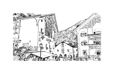Building view with landmark of Urtijei is the 
town in Italy. Hand drawn sketch illustration in vector.