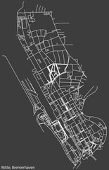 Detailed negative navigation white lines urban street roads map of the MITTE DISTRICT of the German regional capital city of Bremerhaven, Germany on dark gray background
