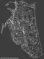Detailed negative navigation white lines urban street roads map of the GEESTEMÜNDE DISTRICT of the German regional capital city of Bremerhaven, Germany on dark gray background