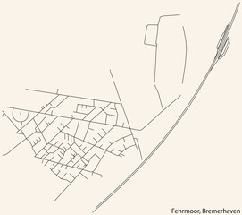 Detailed navigation black lines urban street roads map of the FEHRMOOR QUARTER of the German regional capital city of Bremerhaven, Germany on vintage beige background