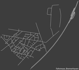 Detailed negative navigation white lines urban street roads map of the FEHRMOOR QUARTER of the German regional capital city of Bremerhaven, Germany on dark gray background