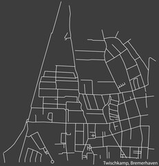 Detailed negative navigation white lines urban street roads map of the TWISCHKAMP QUARTER of the German regional capital city of Bremerhaven, Germany on dark gray background