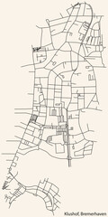 Detailed navigation black lines urban street roads map of the KLUSHOF QUARTER of the German regional capital city of Bremerhaven, Germany on vintage beige background