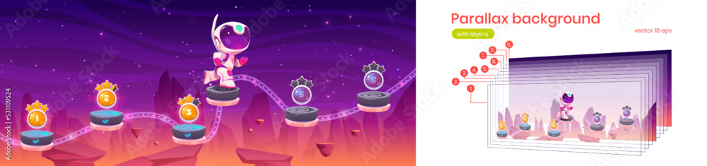 Poster parallax background with astronaut jump on platforms with bonus assets on alien planet landscape. sp