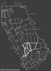 Detailed negative navigation white lines urban street roads map of the MITTE-NORD QUARTER of the German regional capital city of Bremerhaven, Germany on dark gray background