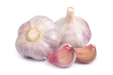 Garlic clove and bulb isolated on white background.