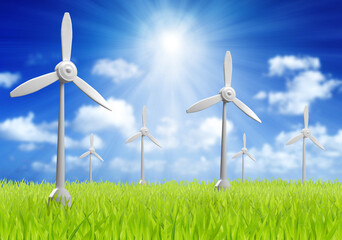 3D rendering wind turbine on green fields. green energy solution - obrazy, fototapety, plakaty
