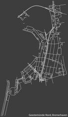 Detailed negative navigation white lines urban street roads map of the GEESTEMÜNDE-NORD QUARTER of the German regional capital city of Bremerhaven, Germany on dark gray background