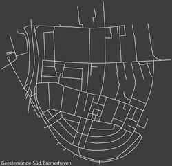Detailed negative navigation white lines urban street roads map of the GEESTEMÜNDE-SÜD QUARTER of the German regional capital city of Bremerhaven, Germany on dark gray background