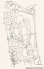 Detailed navigation black lines urban street roads map of the BÜRGERPARK QUARTER of the German regional capital city of Bremerhaven, Germany on vintage beige background