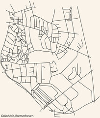 Detailed navigation black lines urban street roads map of the GRÜNHÖFE QUARTER of the German regional capital city of Bremerhaven, Germany on vintage beige background