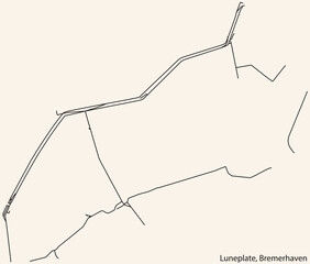 Detailed navigation black lines urban street roads map of the LUNEPLATE QUARTER of the German regional capital city of Bremerhaven, Germany on vintage beige background