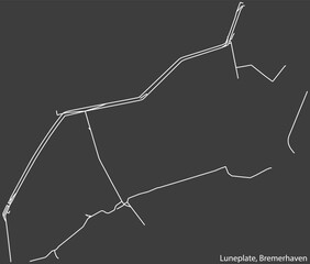 Detailed negative navigation white lines urban street roads map of the LUNEPLATE QUARTER of the German regional capital city of Bremerhaven, Germany on dark gray background