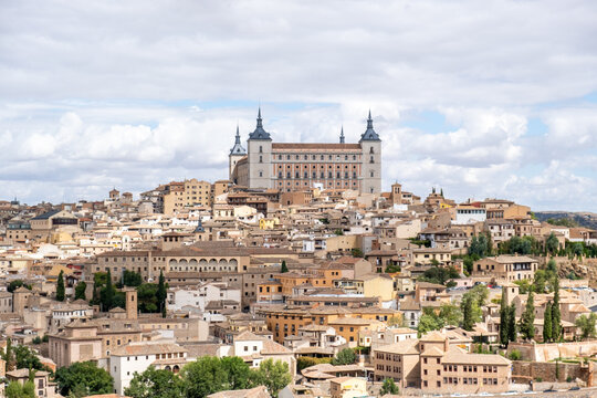 Panoramic view of Toledo, Spain, UNESCO world heritage site. Old city on horizon. Detail of Alcazar