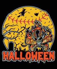 Halloween Softball Illustration T Shirt, Happy Halloween Baseball Illustration Shirt, Halloween Scary Skull Shirt, Halloween Witch, Bats Fire Skull Shirt Print Template