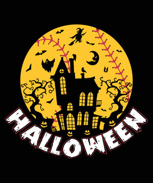 Halloween Baseball Illustration T Shirt, Halloween House Shirt, Happy Halloween Tree, Witch, Pumpkin Face Shirt Print Template