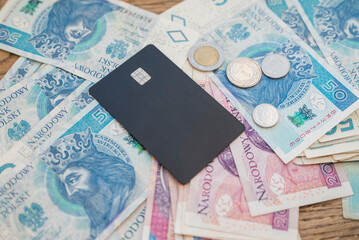 bills money cash zloty polish and euro with credit card for payment