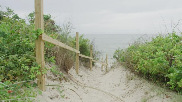 Push forward through sandy walkway to beach in Virginia with bushes on side on overcast day