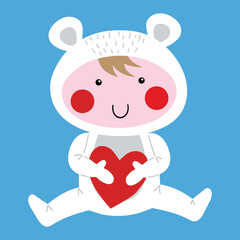 Sweet baby dressed with a polar bear costume catching a heart, Christmas illustration