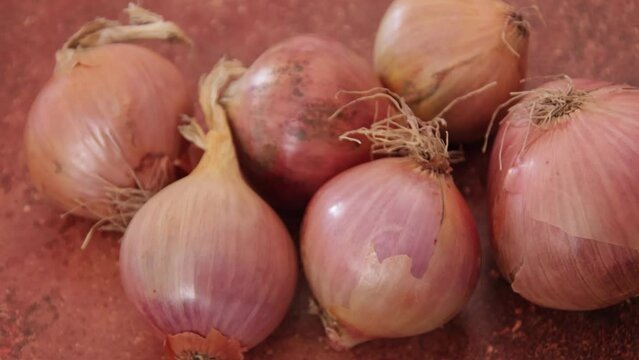 oignons roses en gros plan isol&eacute; sur une table