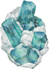 Transparent Background amazonite cluster Illustration Png. Transparent Clipart Image of watercolor blue crystal ready-to-use for site, article, print