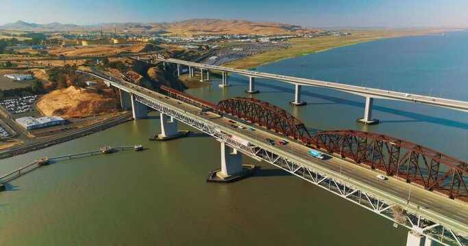 Martinez bridge connecting to Benicia aerial view. Steel usa california bridge.