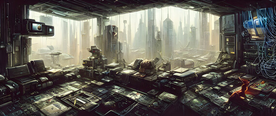 Artistic concept painting of a beautiful home cyberpunk interior, background illustration.3d illustration.