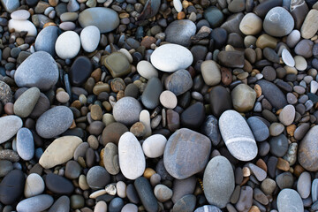 Wet round pebble stones. Stones beach smooth. Top view.