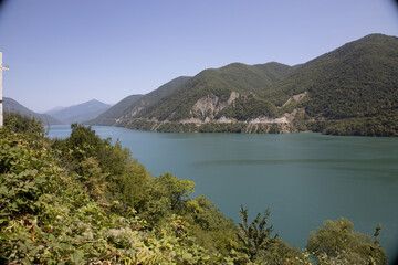 Fototapeta na wymiar View of lake and greenery, Zhinvali Reservoir, an artificial lake in Georgia