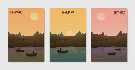 Flat landscape nature illustration with fishing. Sunset landscape cover design. Fishing on the river poster. 