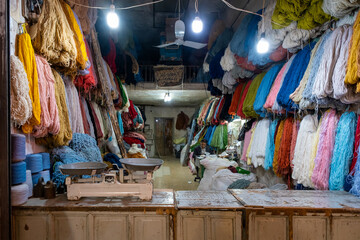 The Arab architecture of Kashan in Iran the city. Wool shop in the soco.