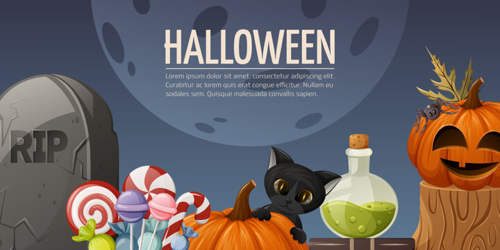 Halloween background. Tombstone, sweets, pumpkins, a black cat, potion with witch books. Vector horizontal illustration with space for text. For banner, poster, flyer, website interface