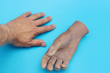 Fototapeta premium Human and artificial wrist from mannequin on blue background top view.