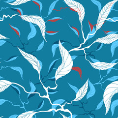 Blue seamless floral pattern with long leaves and twigs on a square background. The vertical direction of the pattern
